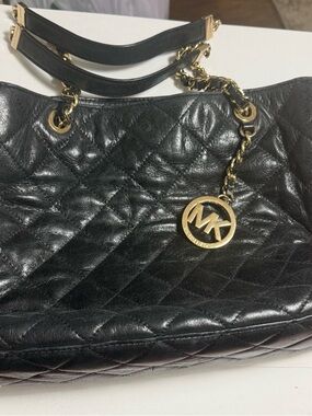 Michael Kors Black Quilted Leather Shoulder Tote with Gold Charm
